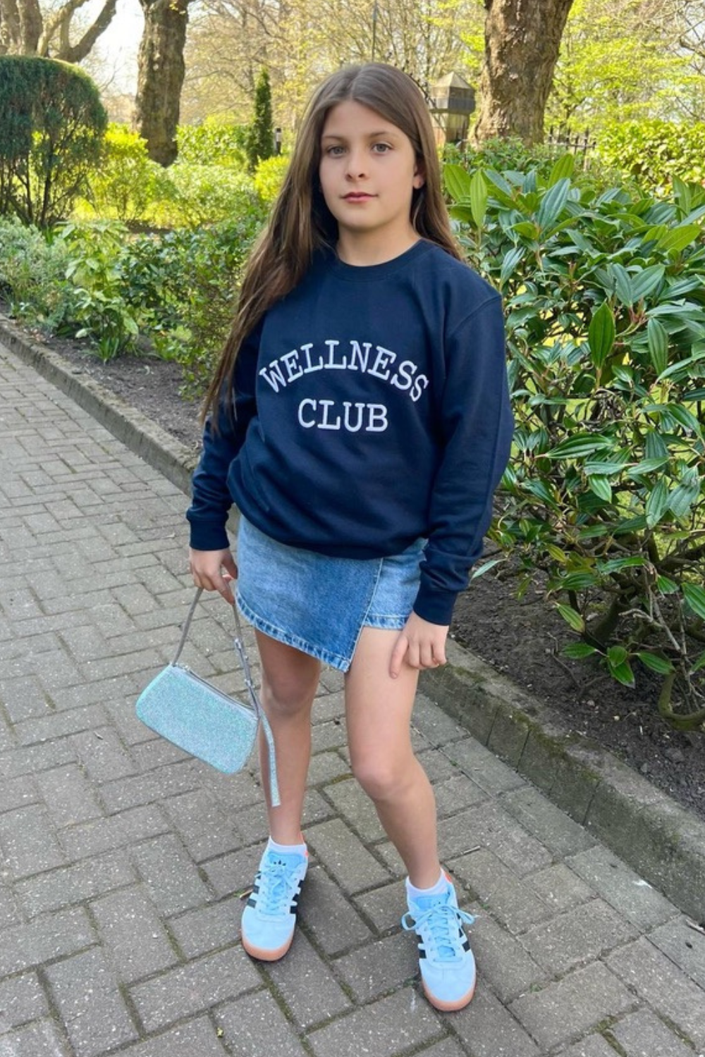 Mini wellness club navy embroidered sweater