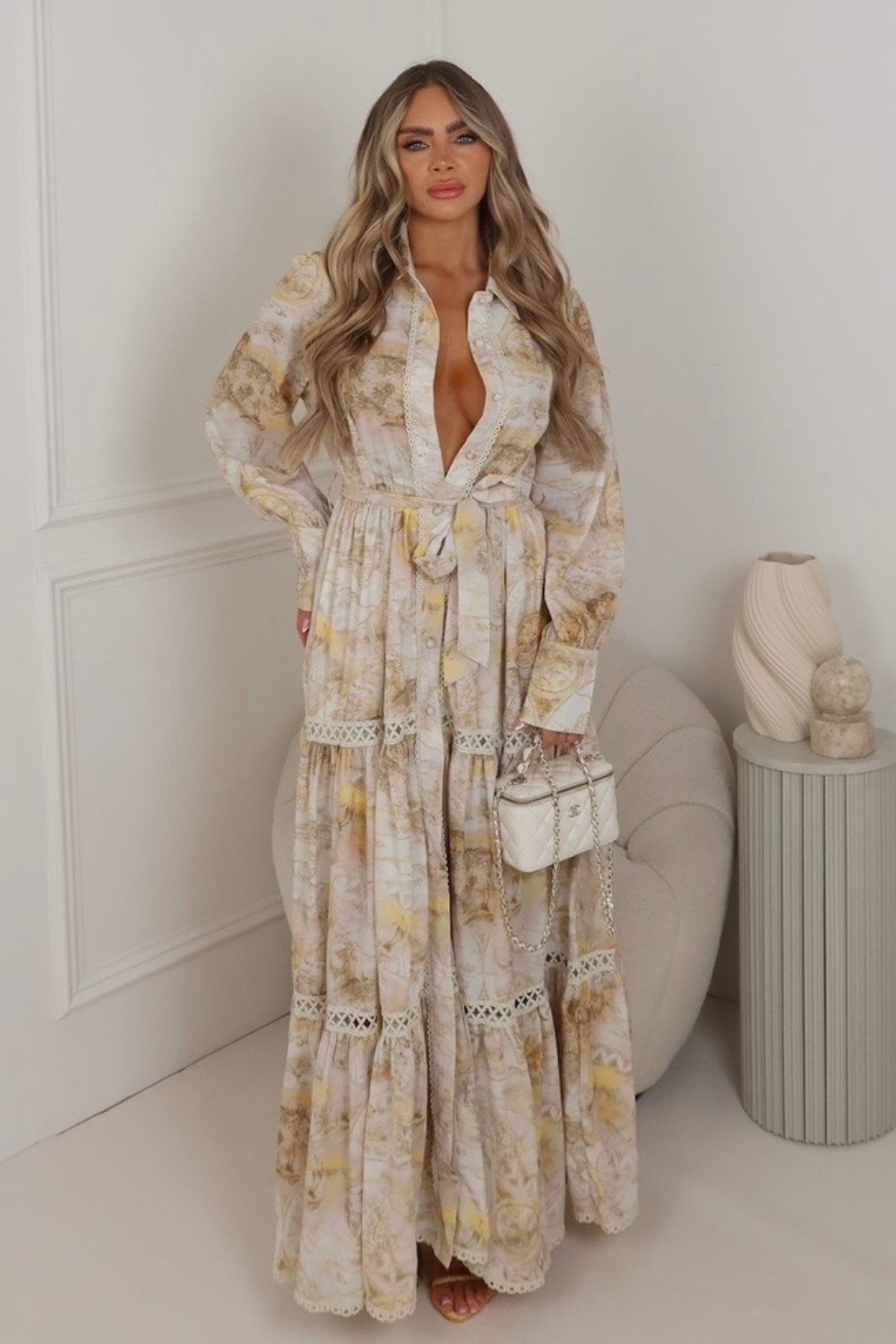 Laura beige a-line long sleeve patterned maxi dress