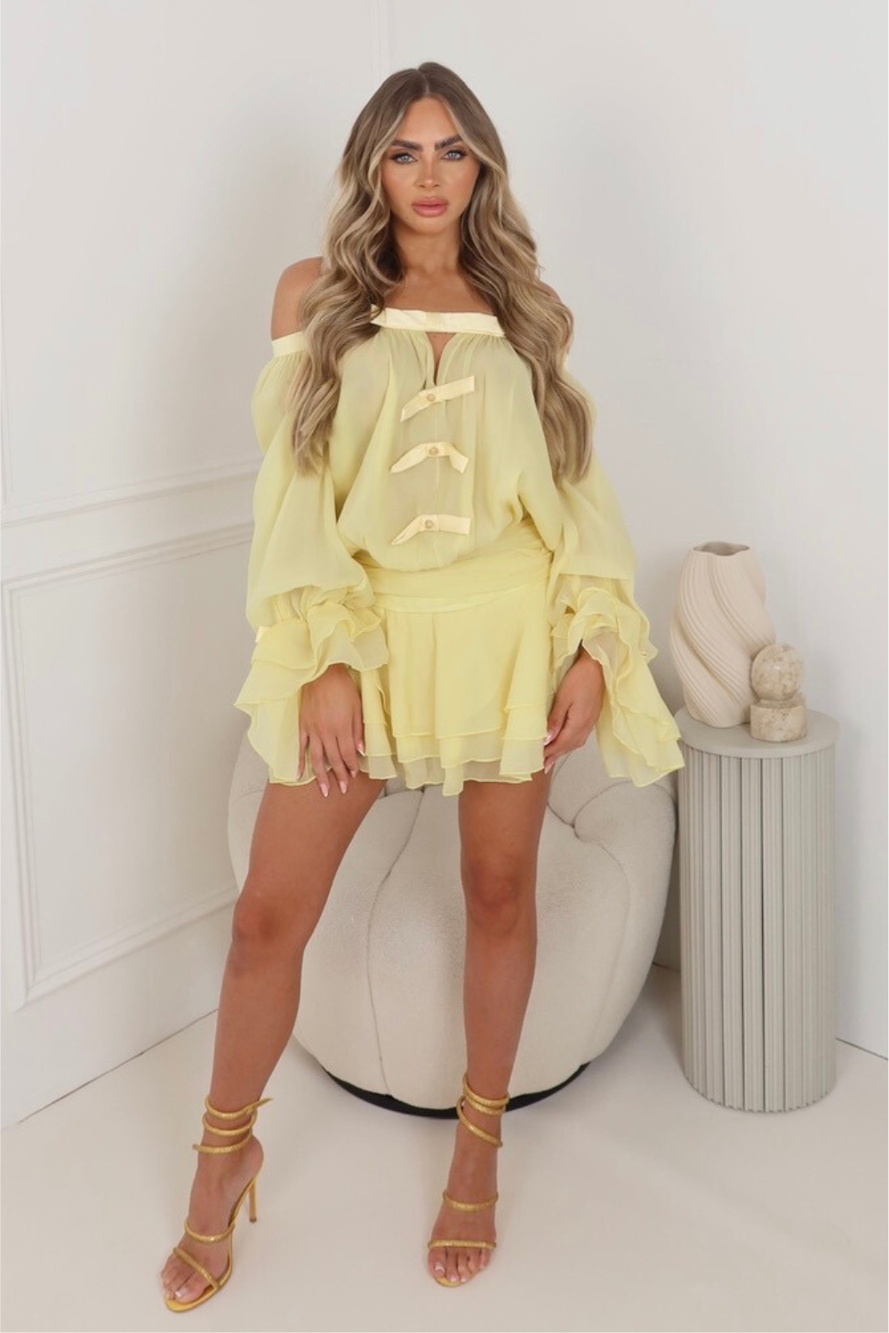 Talia lemon bardot bow chiffon mini dress