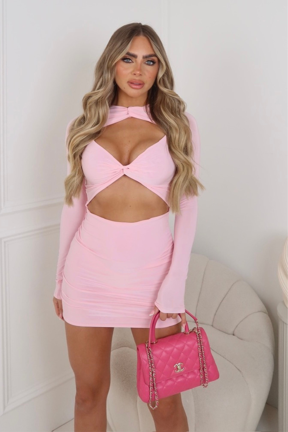 Caitlin pink twist front cut out mini dress