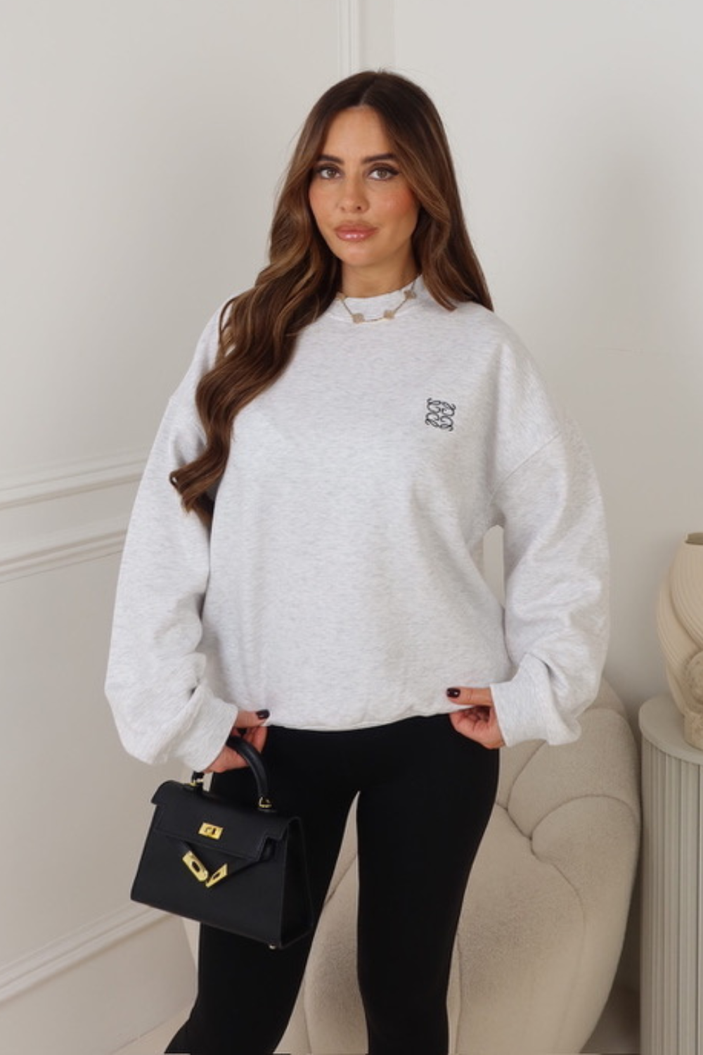 GEGE EMBROIDERED MARL GREY PREMIUM ESSENTIAL RELAXED SWEATSHIRT