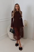 RAIN CHOCOLATE RIBBED KNITTED LONG SLEEVE LACE SKIRT DRESS