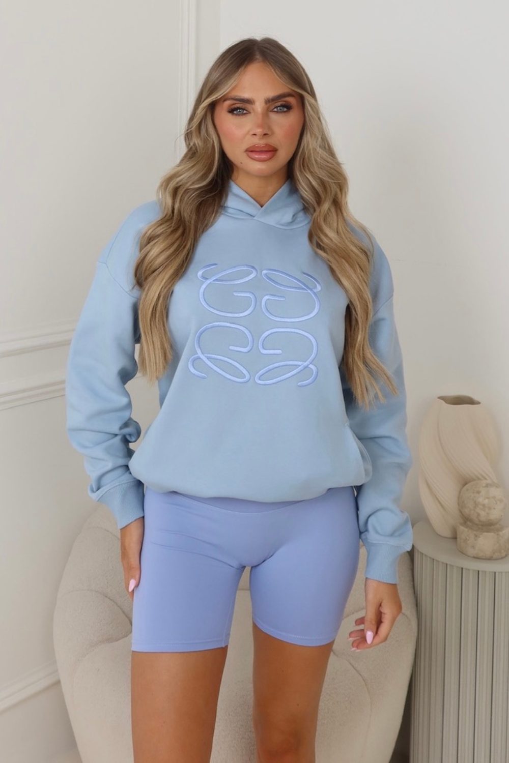 Gege blue embroidered hoodie cycling shorts co ord