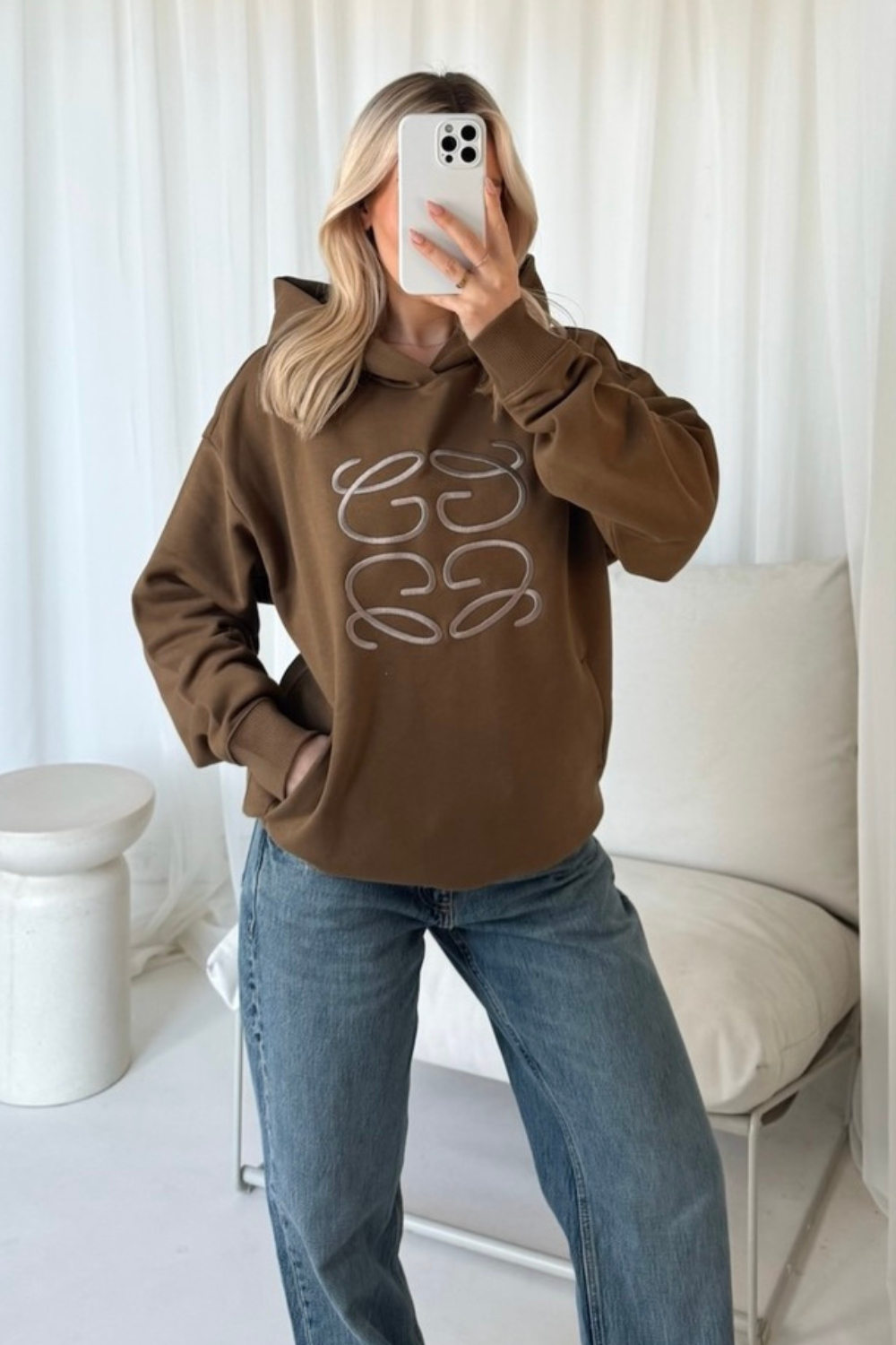 GeGe mocha embroidered oversized hoodie