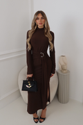 MERCY CHOCOLATE LONG HIGH NECK GOLD BUCKLE DRAPE DRESS