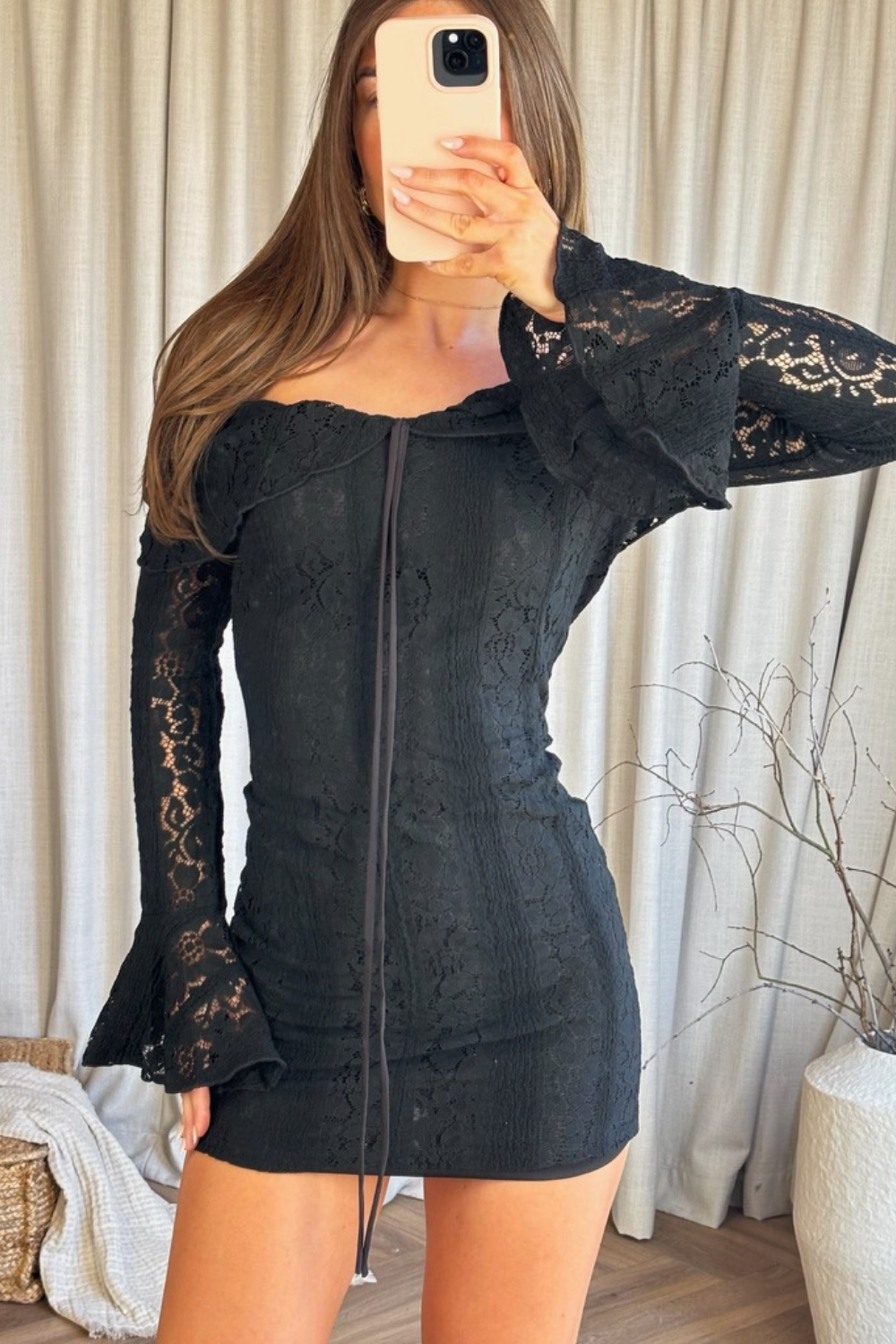 Sophia black lined lace bardot mini dress