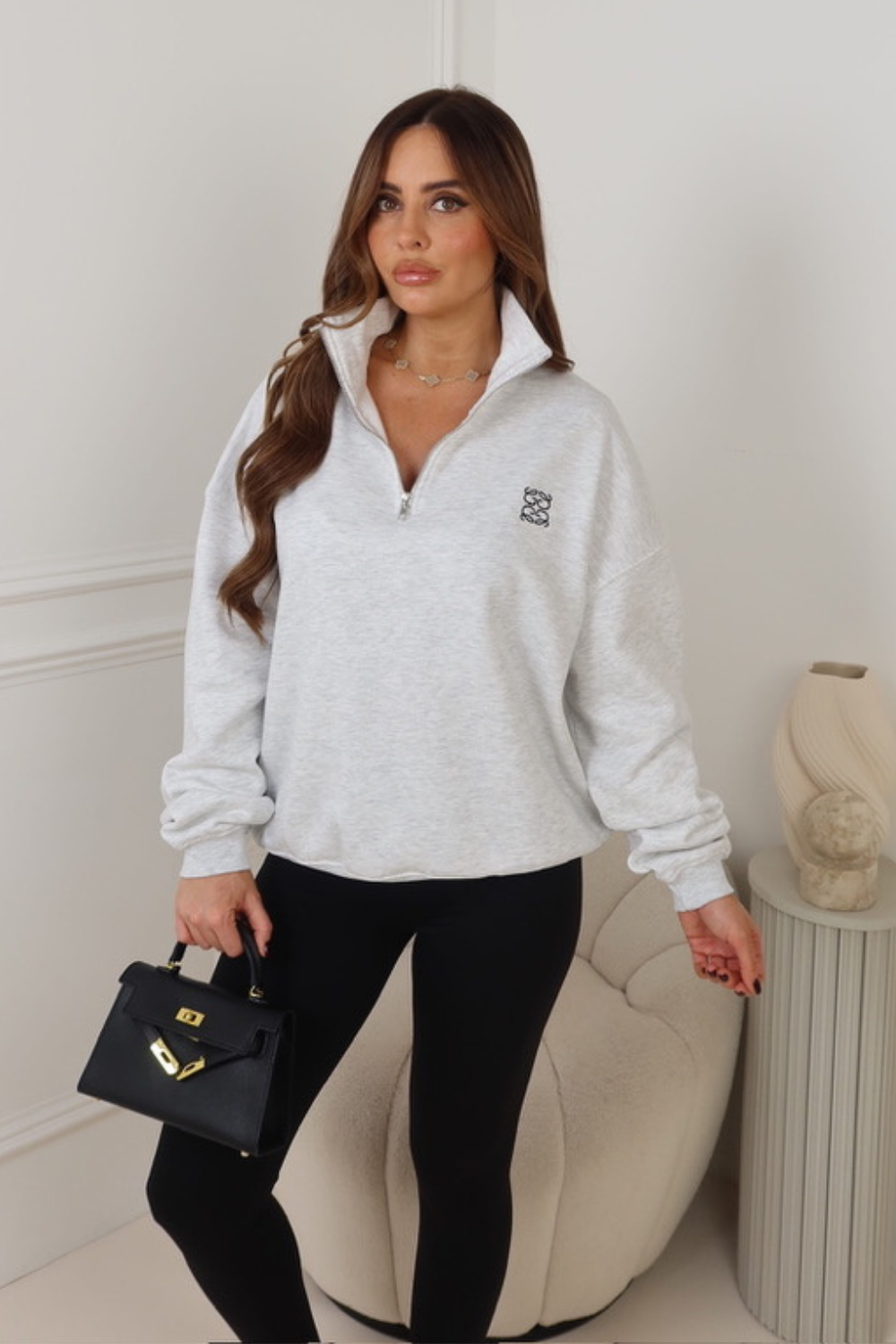 GEGE EMBROIDERED MARL GREY PREMIUM ESSENTIAL 3/4 ZIP