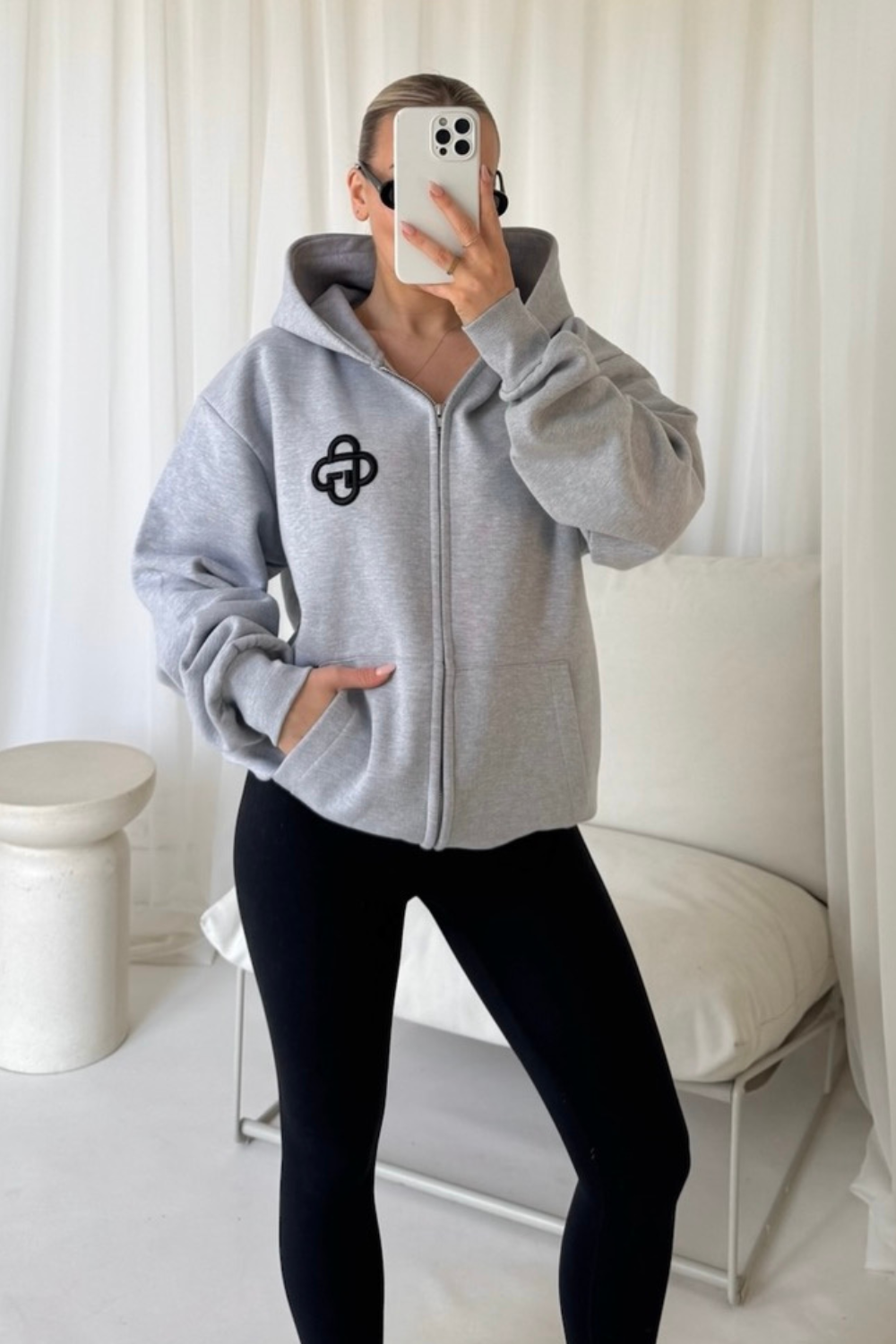 G Monogram marl grey & black embroidered premium zip hoodie