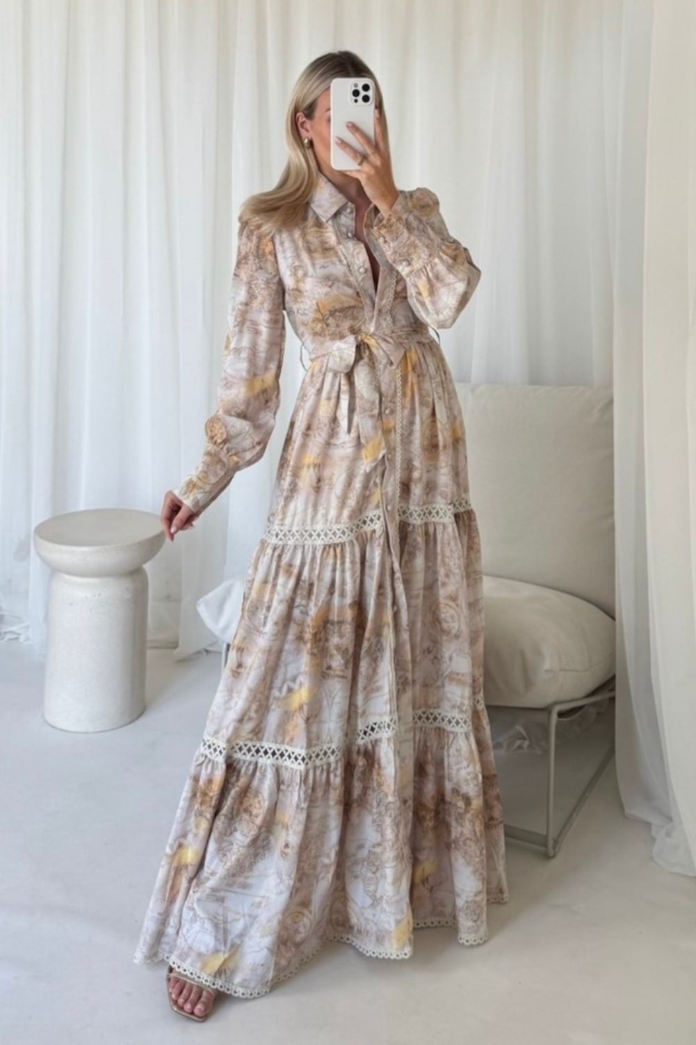 Laura beige a-line long sleeve patterned maxi dress