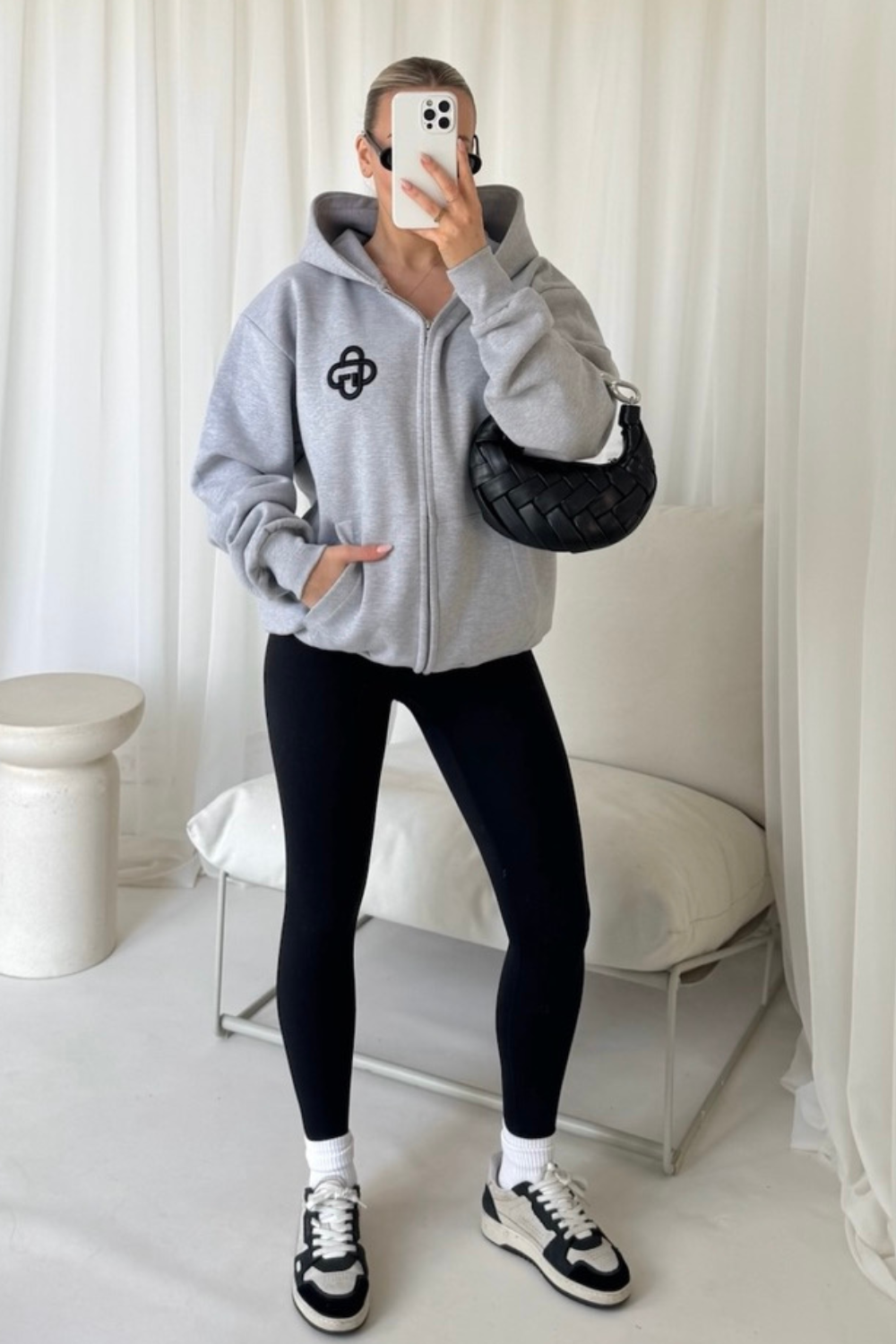 G Monogram marl grey & black embroidered premium zip hoodie