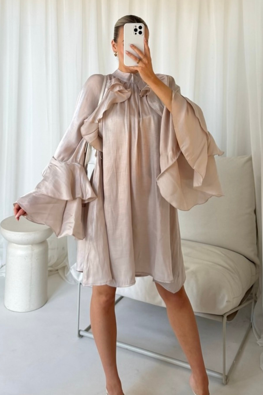 Mollie pearl flared sleeve shift dress