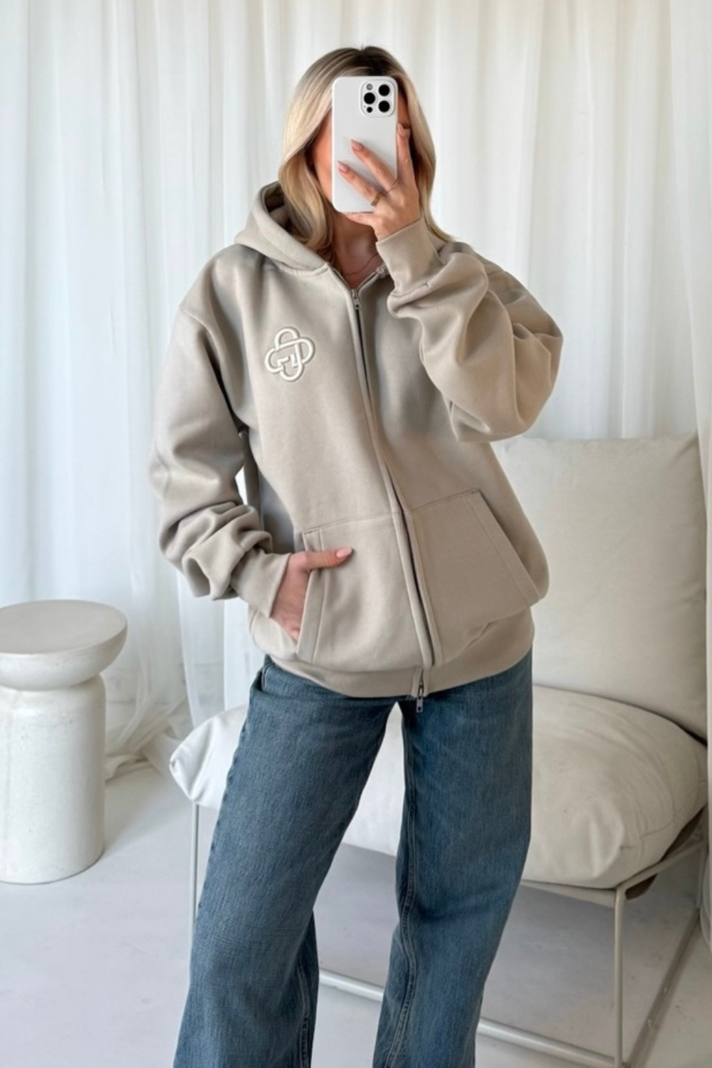 G Monogram stone embroidered premium zip hoodie