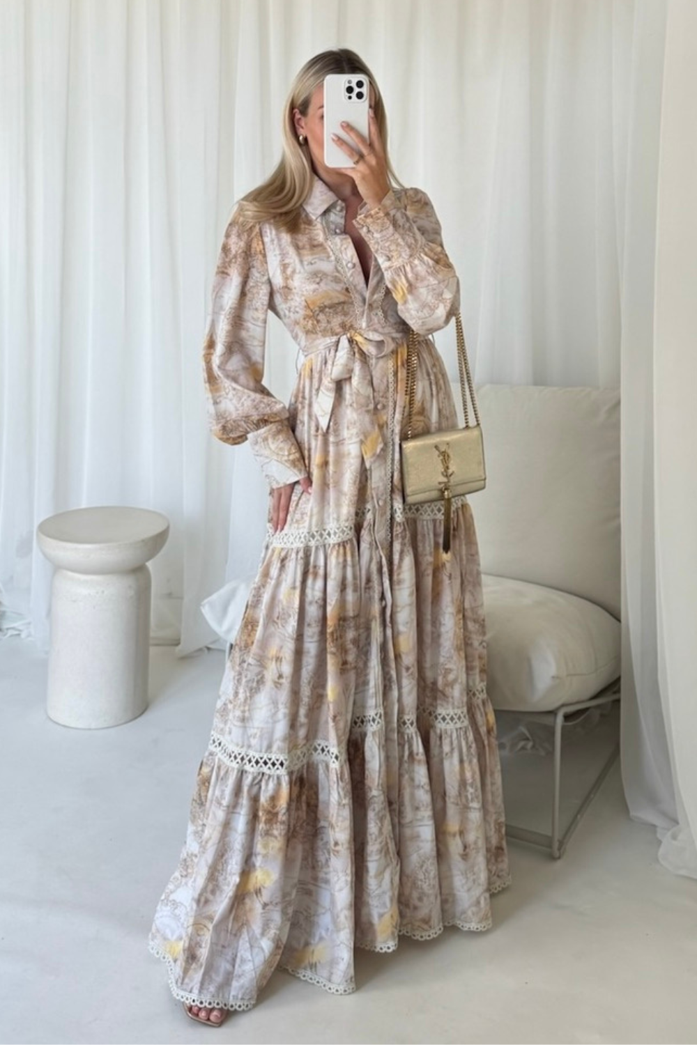 Laura beige a-line long sleeve patterned maxi dress
