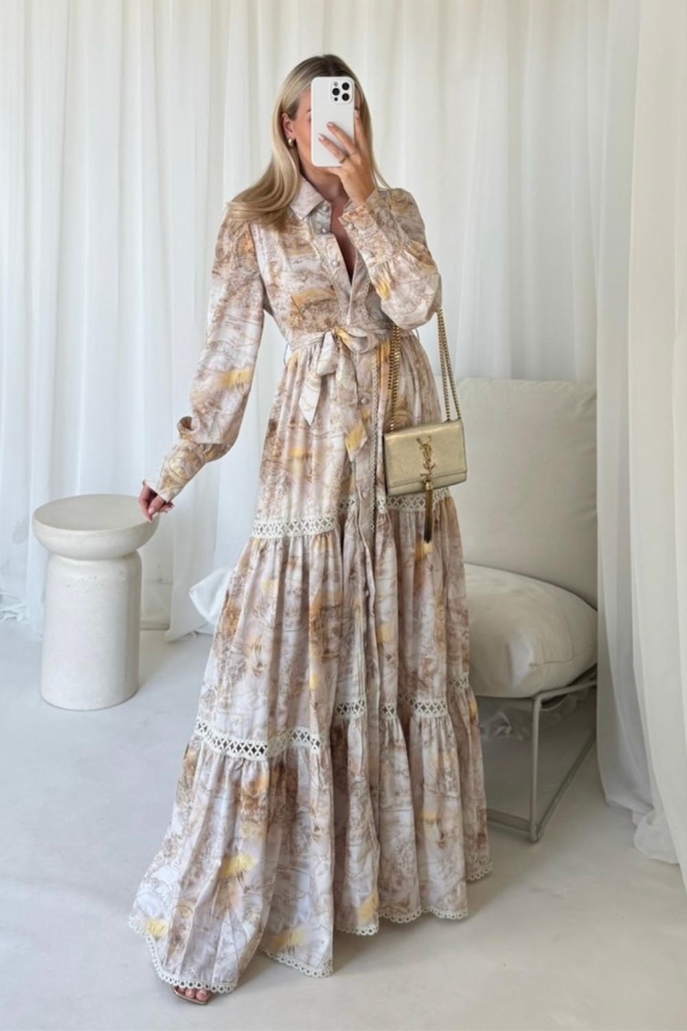 Laura beige a-line long sleeve patterned maxi dress