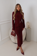 MERCY BURGUNDY LONG HIGH NECK GOLD BUCKLE DRAPE DRESS