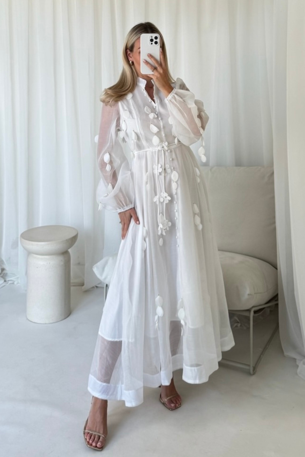 Sally white sheer button detail maxi dress