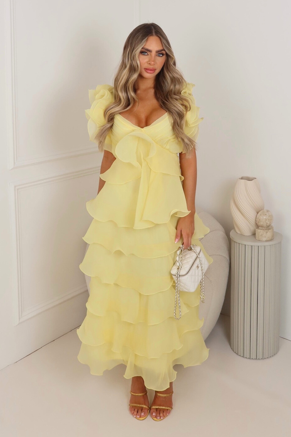 Arabella lemon tiered chiffon maxi dress