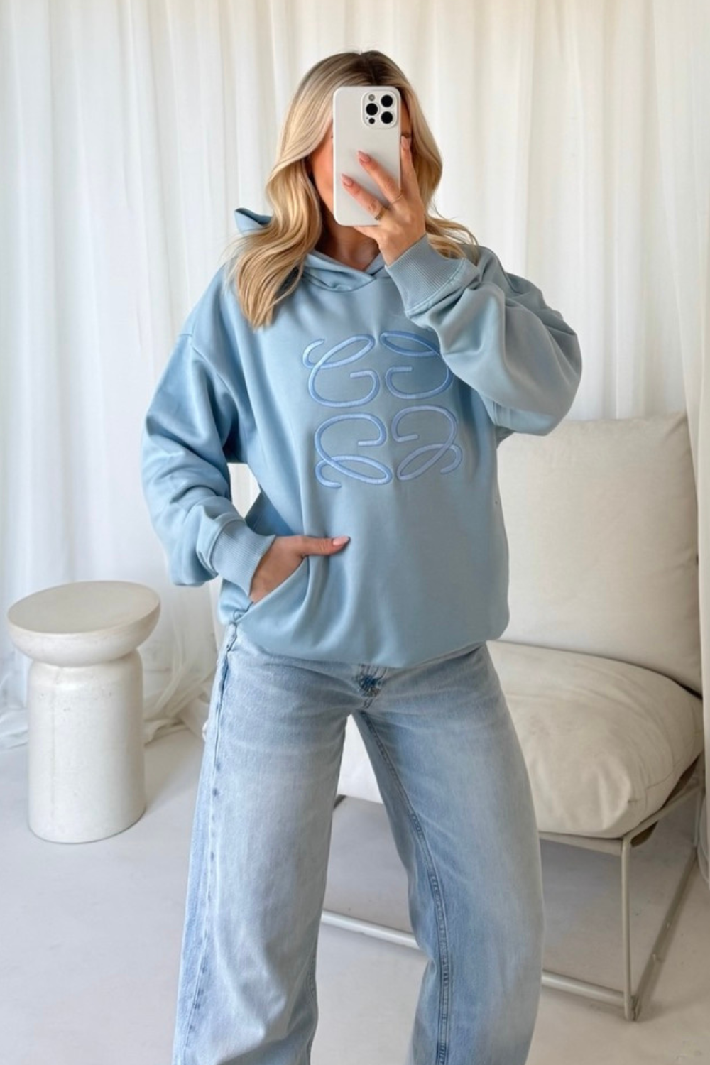 GeGe baby blue embroidered oversized hoodie