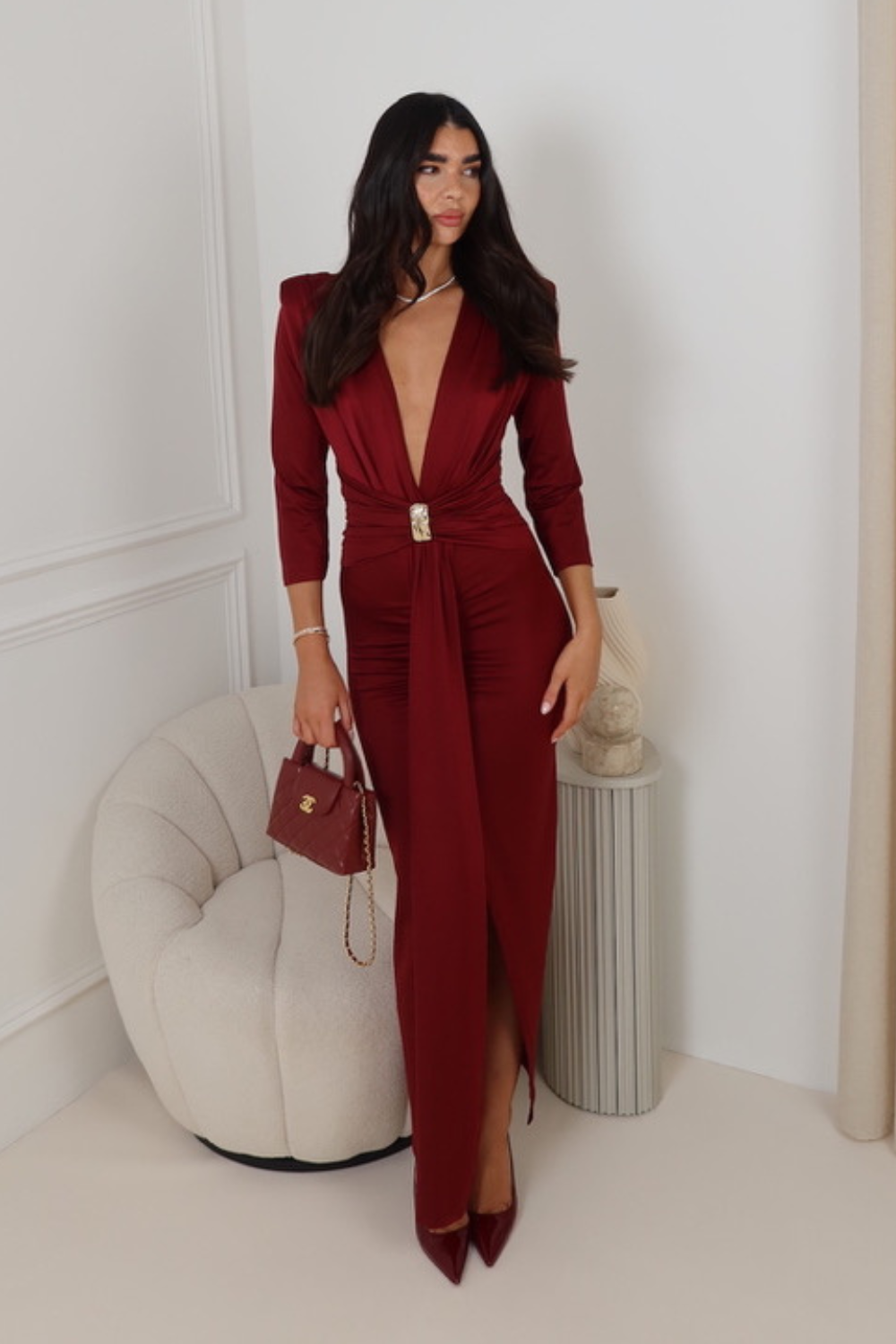MONICA BURGUNDY LONG DRAPE DRESS