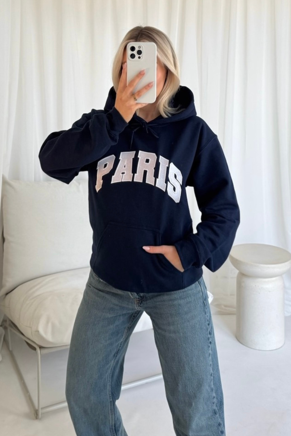 Paris navy embroidered hoodie