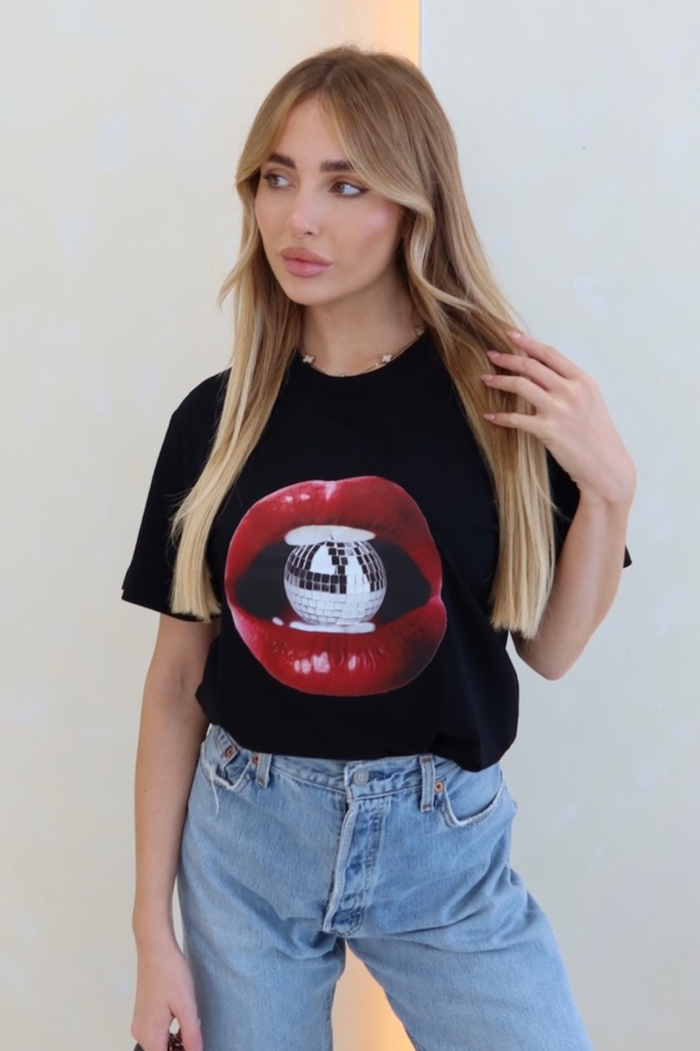 Disco lips black printed t-shirt