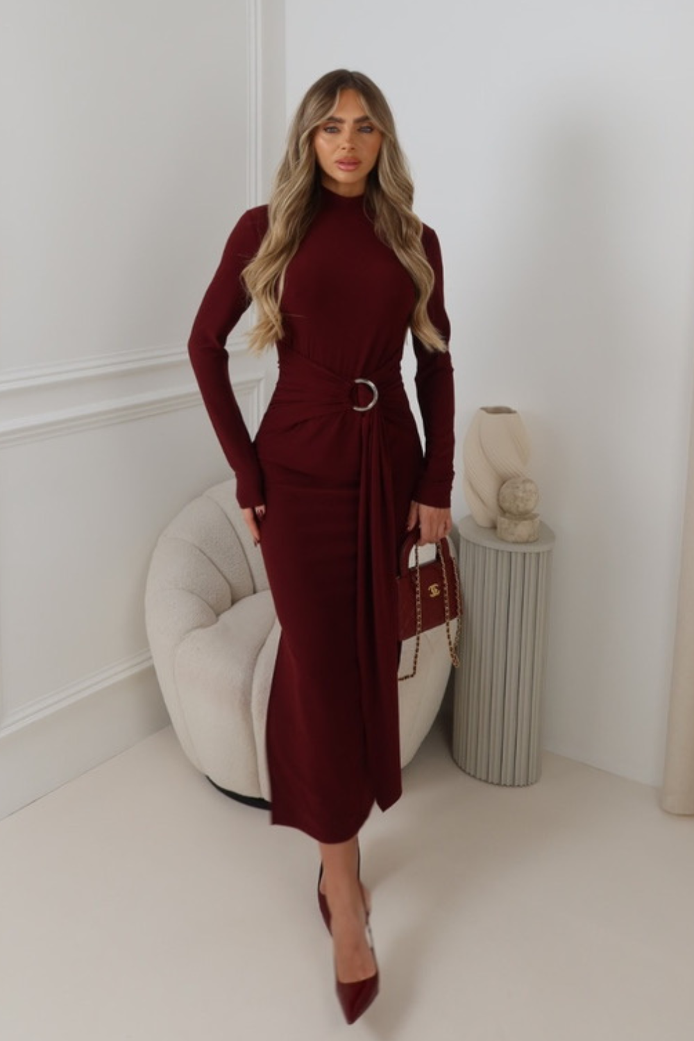 MERCY BURGUNDY LONG HIGH NECK GOLD BUCKLE DRAPE DRESS
