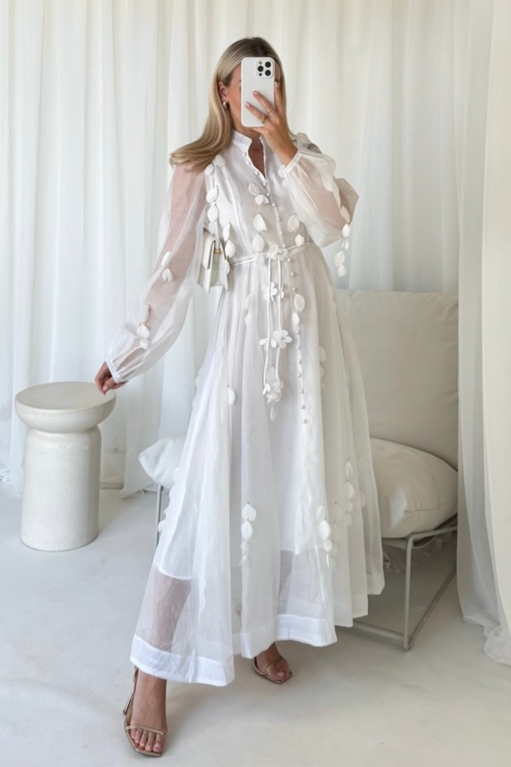 Sally white sheer button detail maxi dress