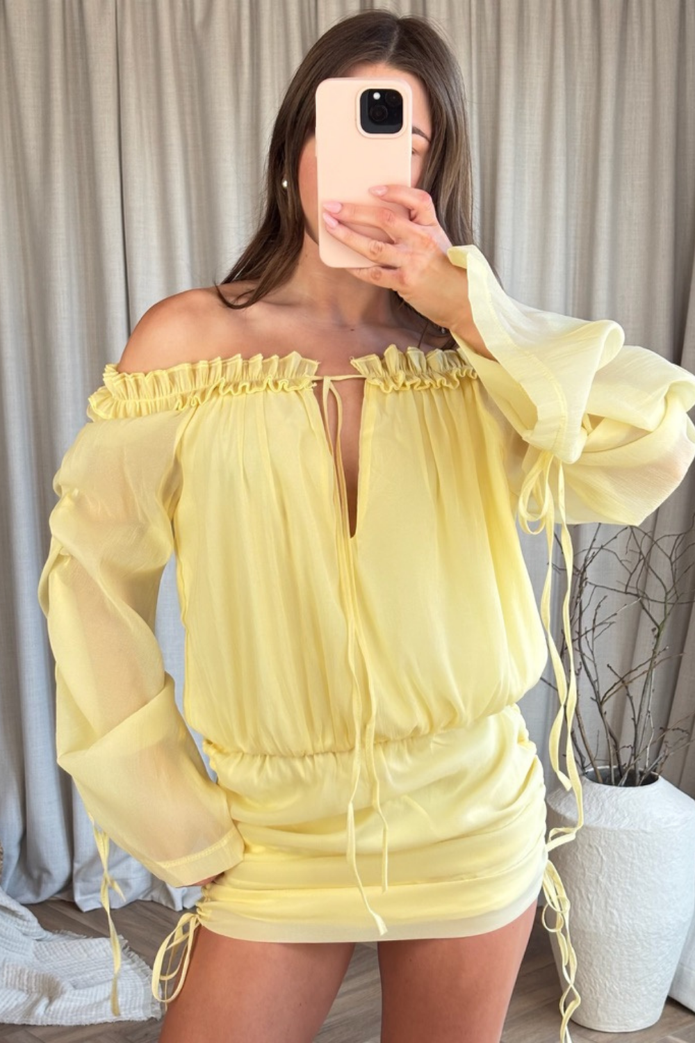 Camila lemon off shoulder sheer mini dress