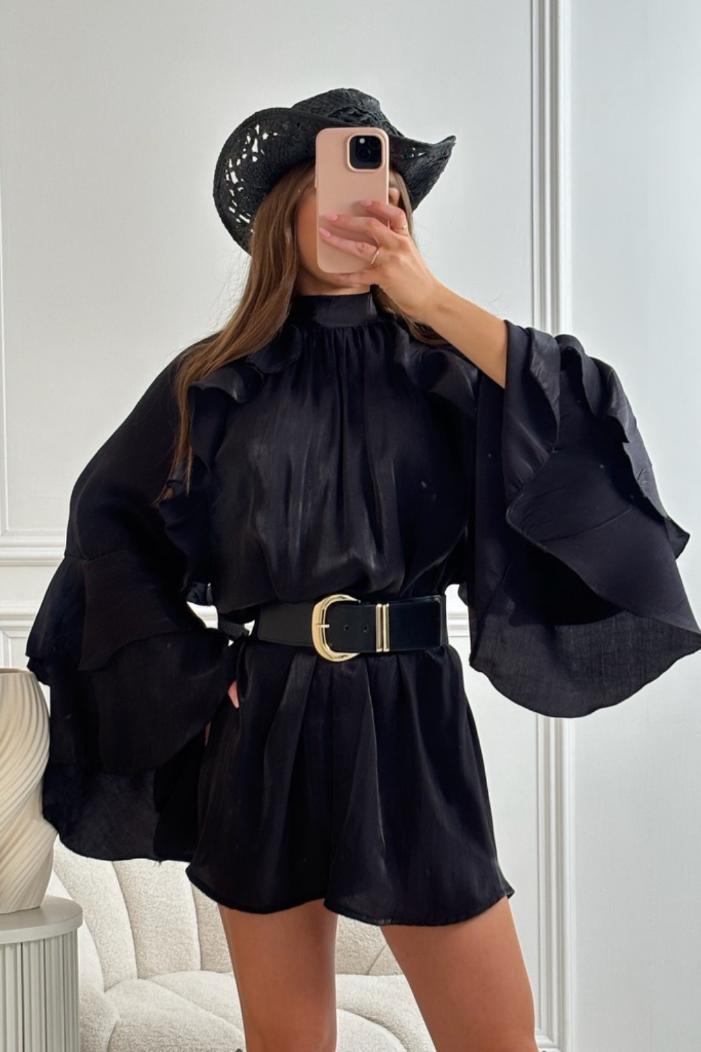 Mollie black flared sleeve shift dress