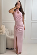 Anya pink halterneck twist front midi dress