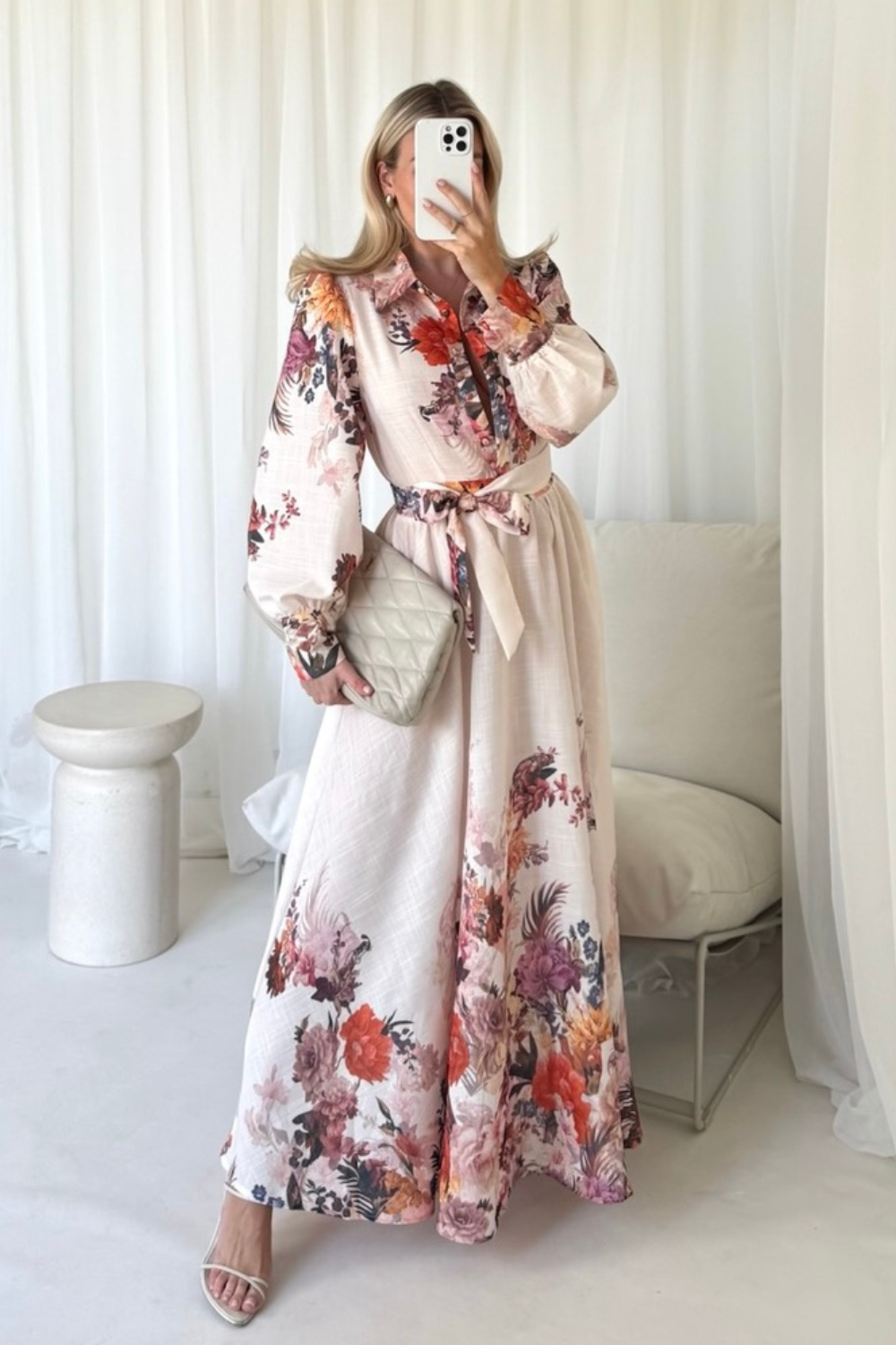 Ida beige floral long sleeve maxi shirt dress