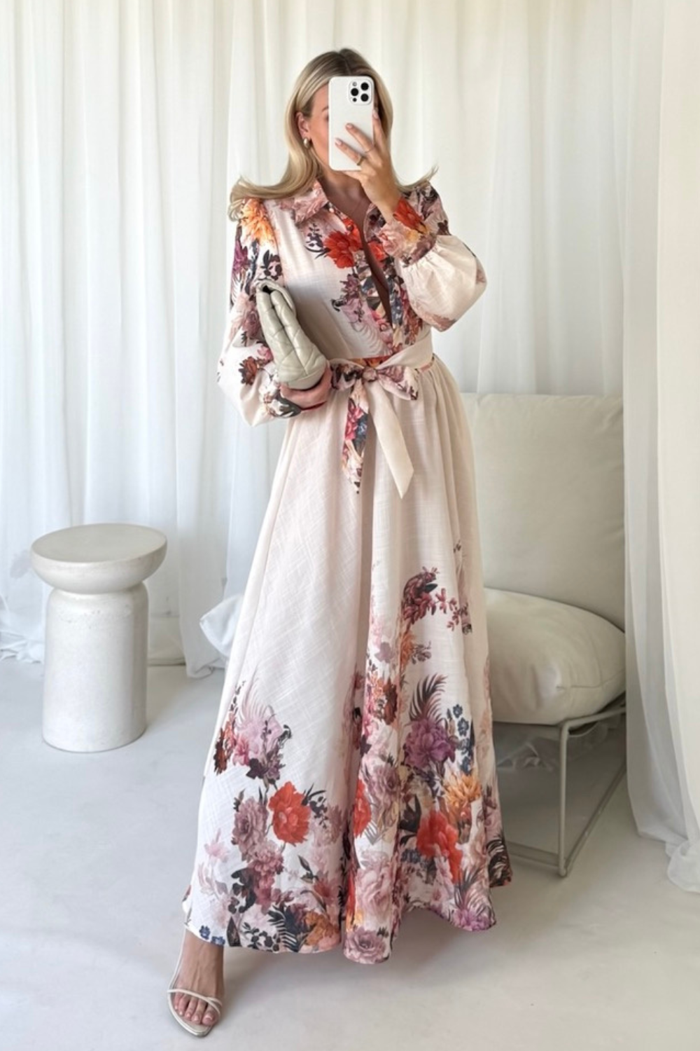Ida beige floral long sleeve maxi shirt dress