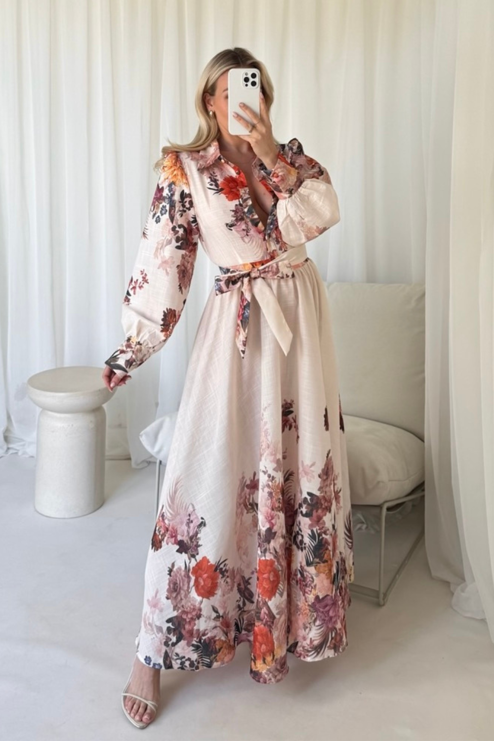 Ida beige floral long sleeve maxi shirt dress