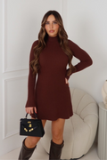 MAE CHOCOLATE HIGH NECK LONG SLEEVE KNITTER DRESS