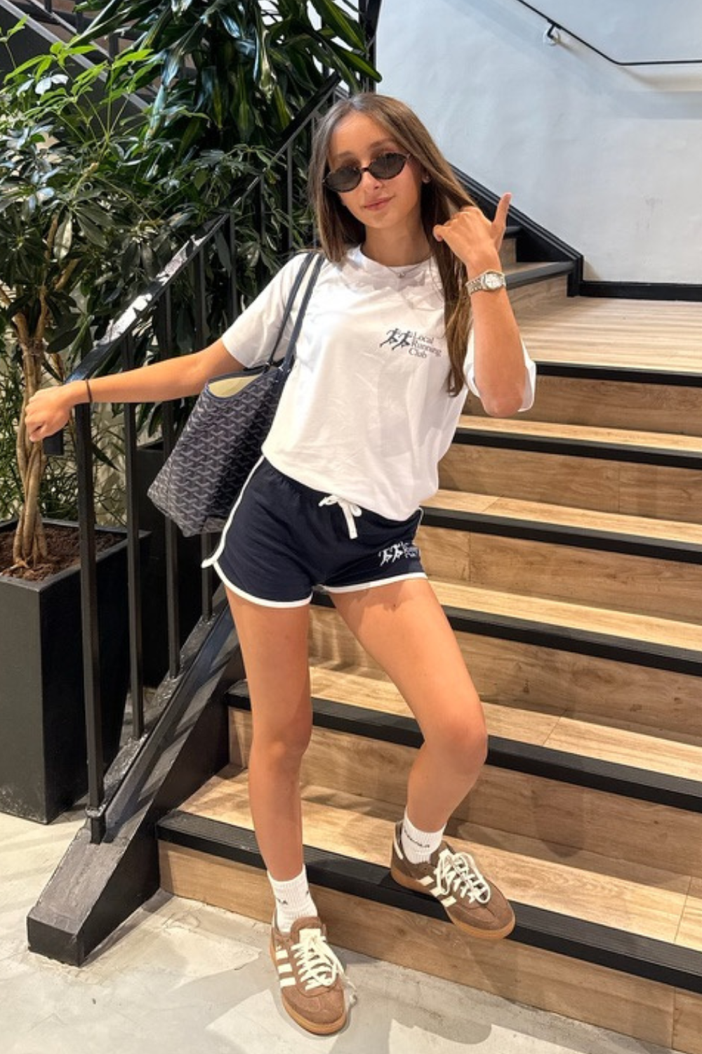 Mini run club white & navy printed t-shirt and mini shorts