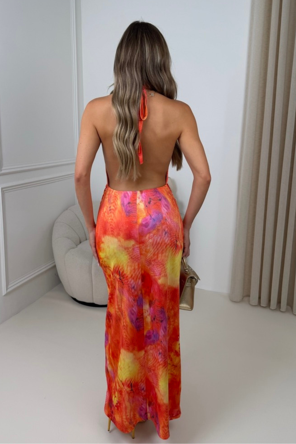 Miley orange plunge backless maxi dress