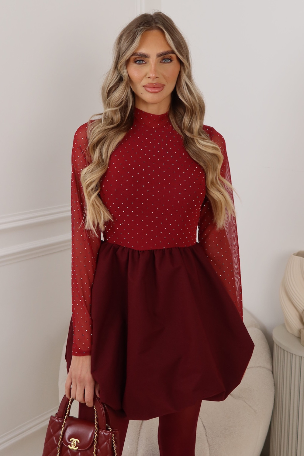 KIMBERLY RED DIAMANTE PUFF SKIRT DRESS