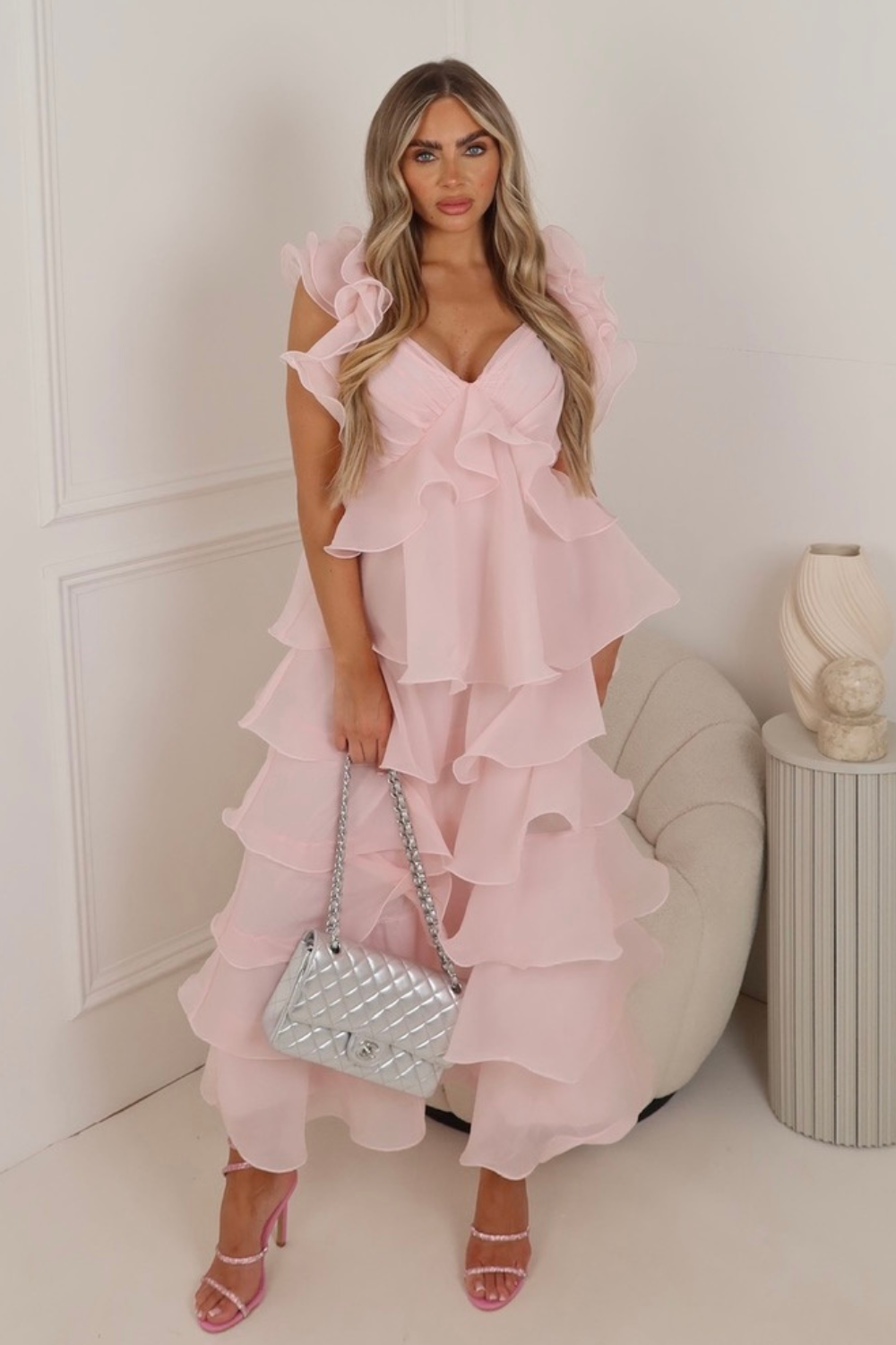 Arabella pink tiered chiffon maxi dress