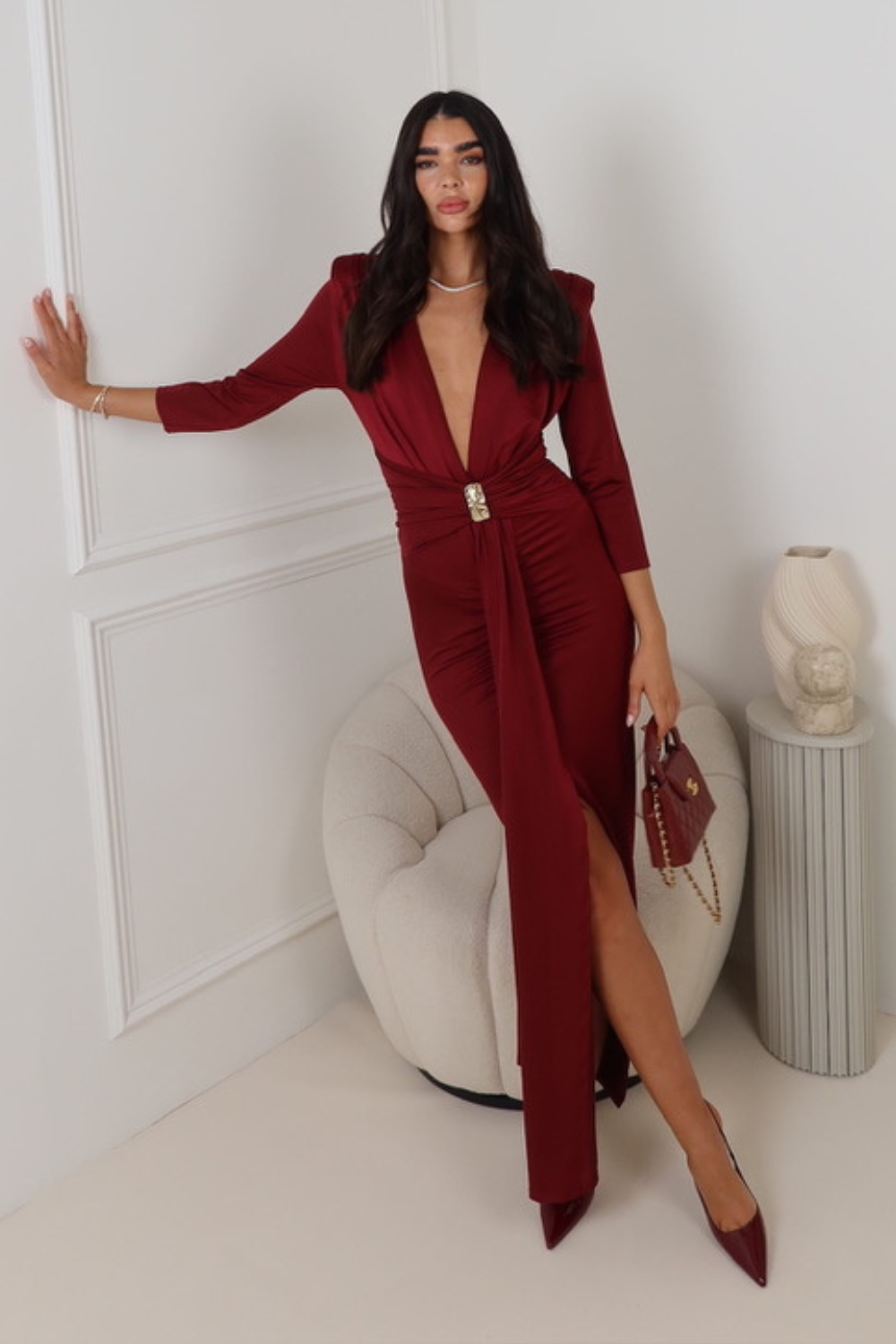 MONICA BURGUNDY LONG DRAPE DRESS