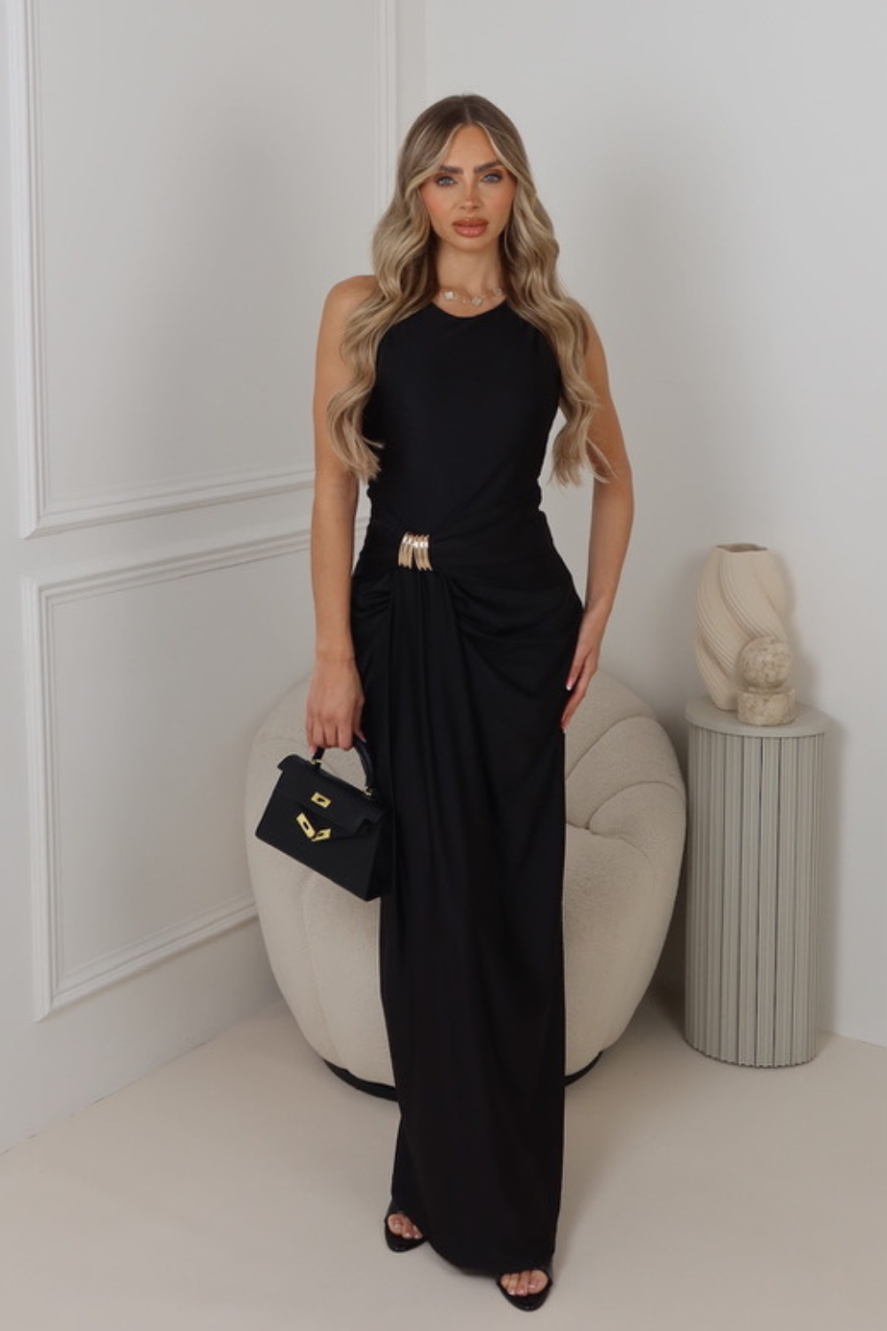 Malina black gold buckle draped dress