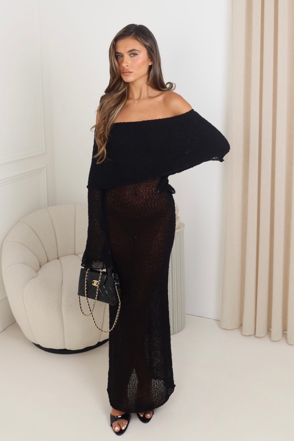 Hailey black knit bardot maxi dress