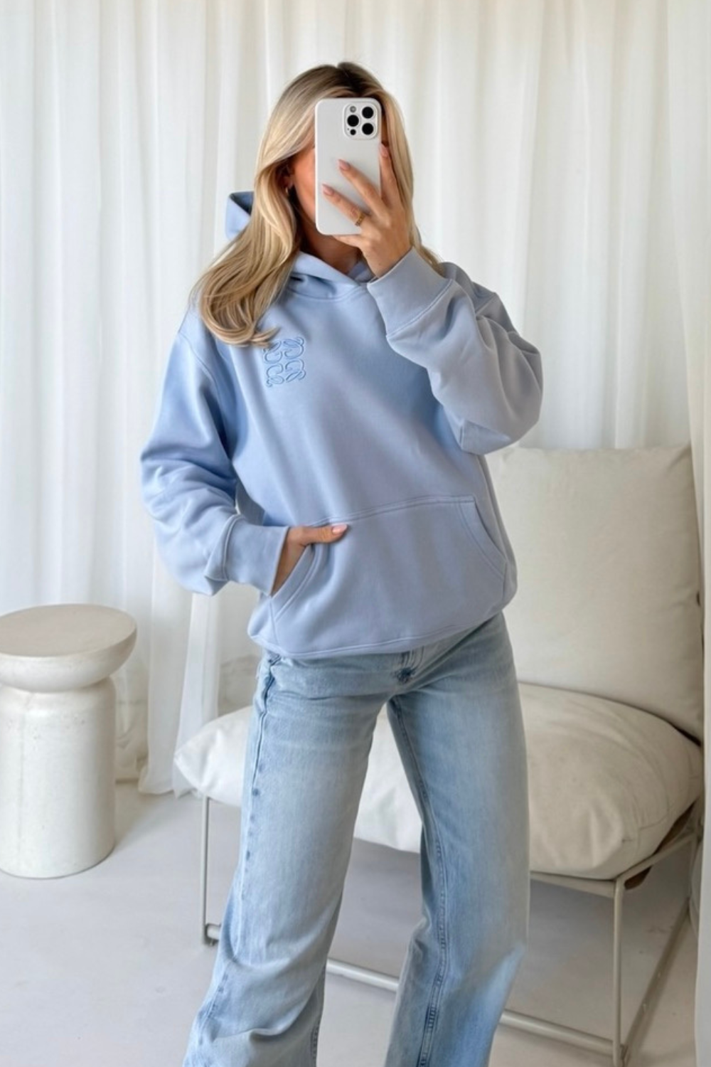 GeGe embroidered baby blue relaxed hoodie