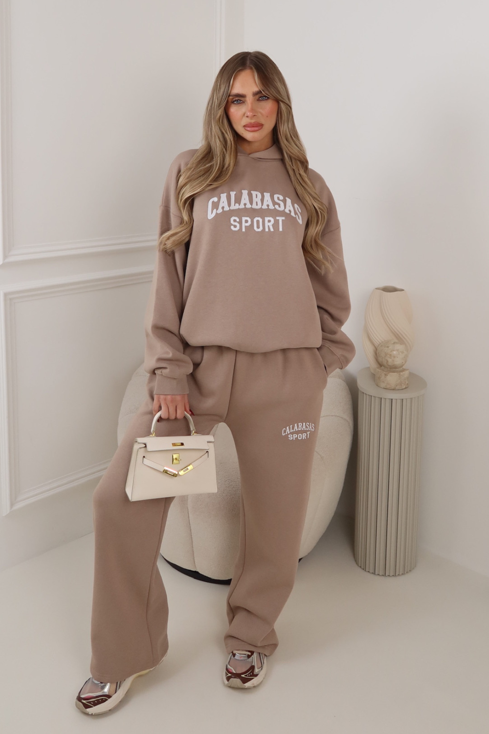 CALABASAS MOCHA EMBROIDERED HOODIE & STRAIGHT LEG TROUSERS LOUNGEWEAR