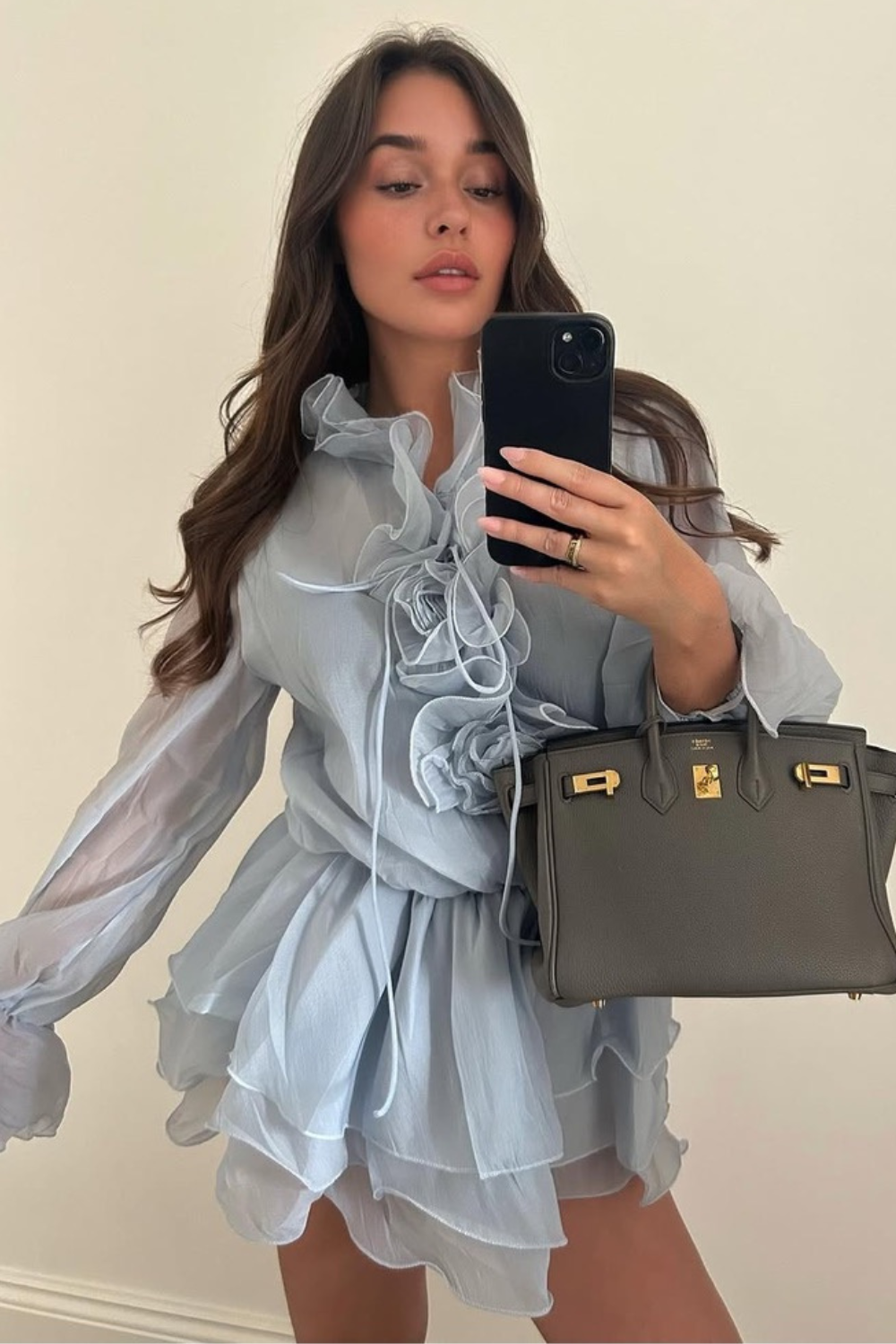 Kelly blue chiffon ruffle hem tiered mini dress