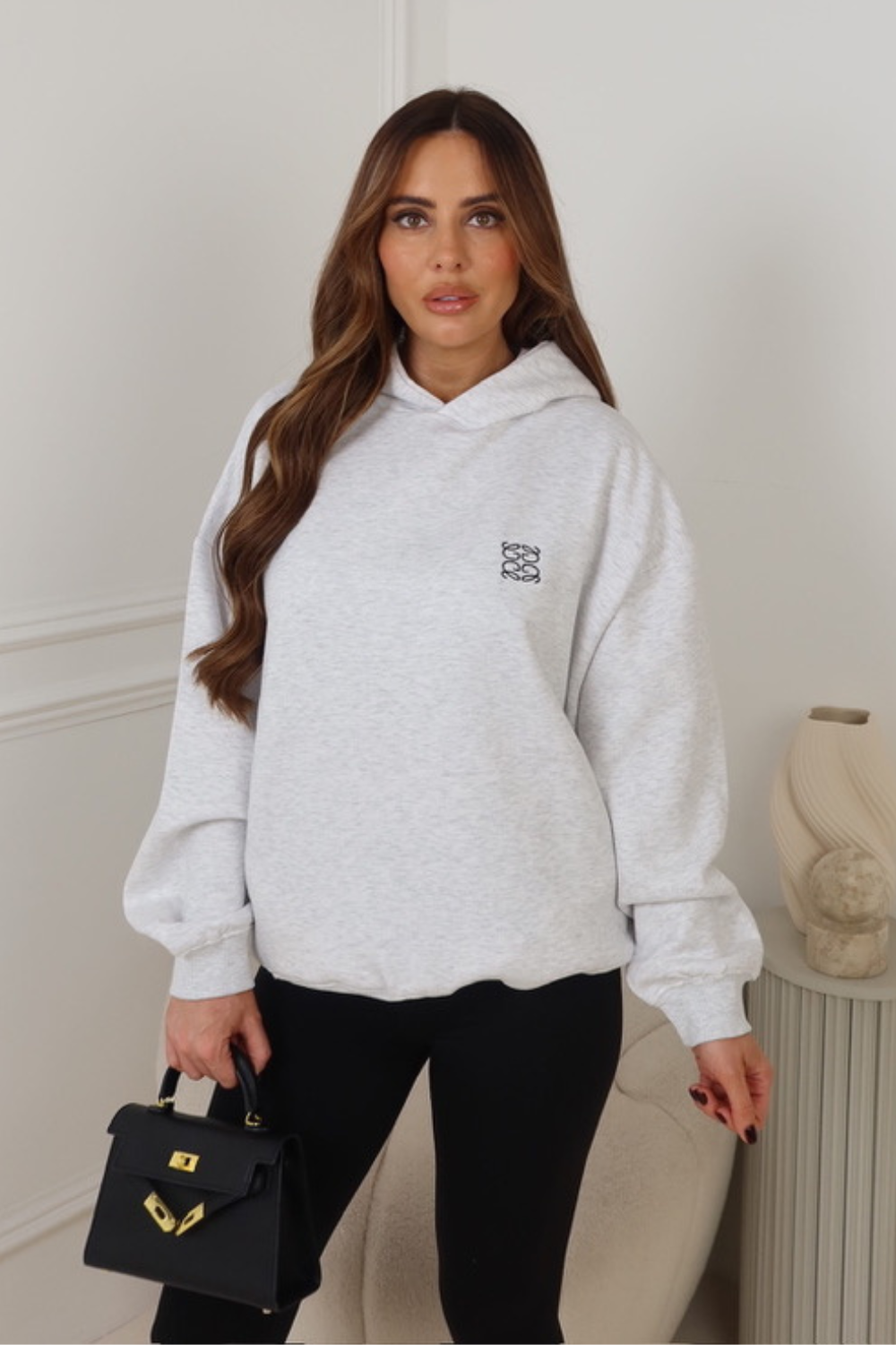GEGE EMBROIDERED MARL GREY PREMIUM ESSENTIAL RELAXED HOODIE