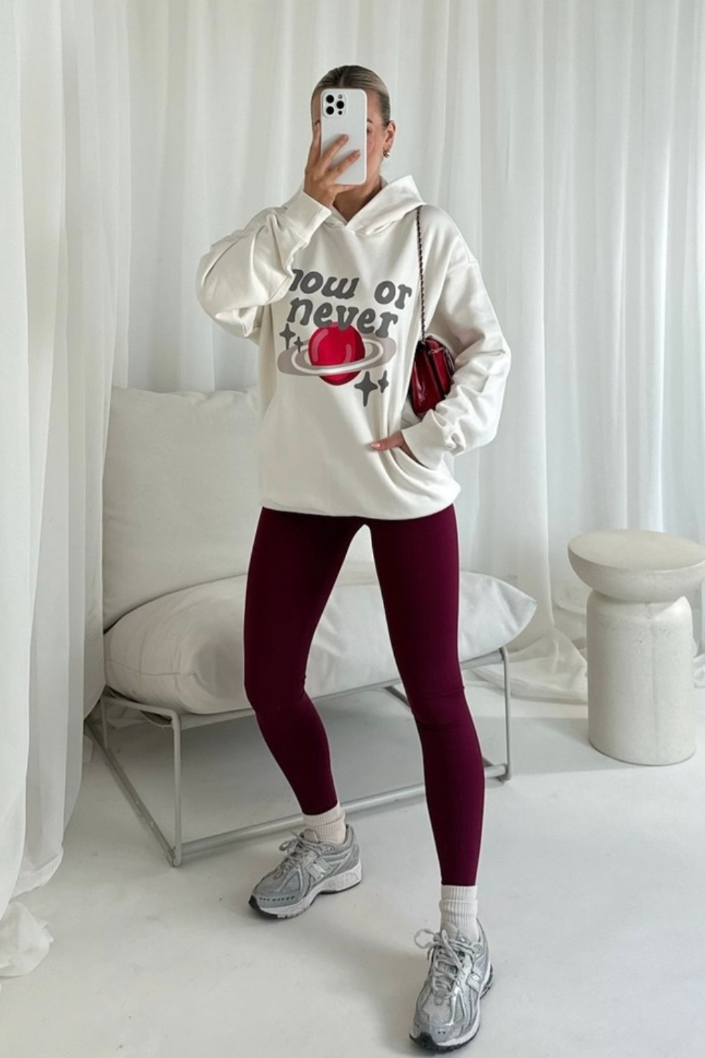 Now or never ecru printed premium relaxed hoodie