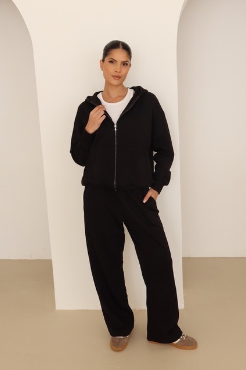 Black embroidered logo zip hoodie