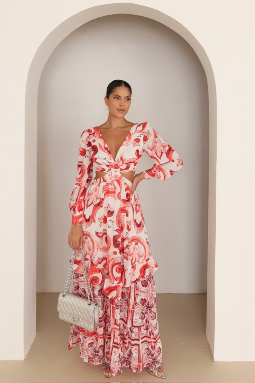 Lucia pink patterned cut out maxi dress