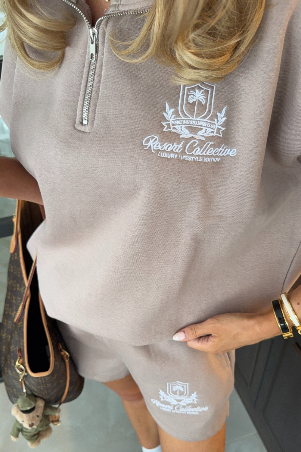 Emblem mocha embroidered 3/4 zip sweater - Resort Collective