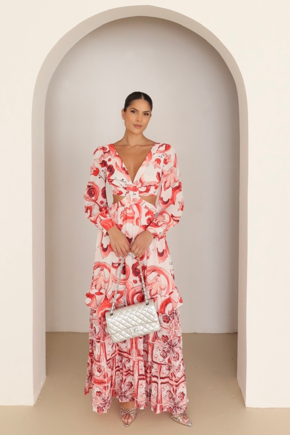 Lucia pink patterned cut out maxi dress